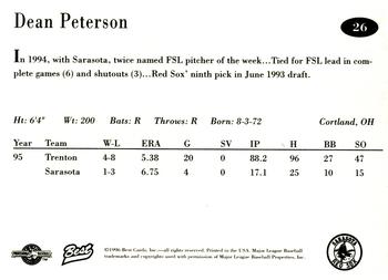 1996 Best Sarasota Red Sox #26 Dean Peterson Back