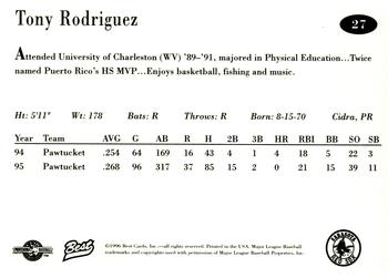 1996 Best Sarasota Red Sox #27 Tony Rodriguez Back