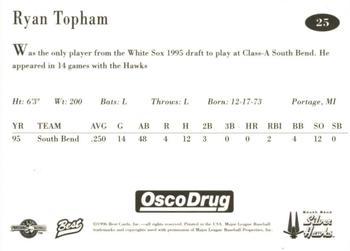 1996 Best South Bend Silver Hawks #25 Ryan Topham Back