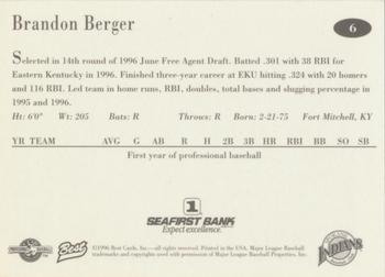 1996 Best Spokane Indians #6 Brandon Berger Back