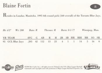 1996 Best St. Catharines Stompers #8 Blaine Fortin Back