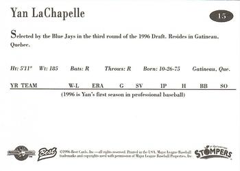 1996 Best St. Catharines Stompers #15 Yan LaChapelle Back