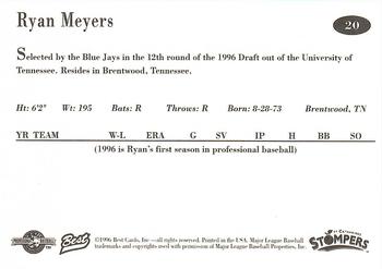 1996 Best St. Catharines Stompers #20 Ryan G. Meyers Back