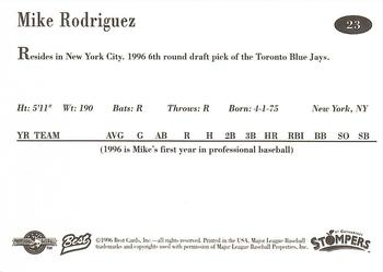 1996 Best St. Catharines Stompers #23 Mike M. Rodriguez Back