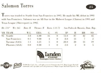 1996 Best Tacoma Rainiers #25 Salomon Torres Back