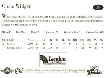 1996 Best Tacoma Rainiers #28 Chris Widger Back