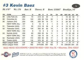 1996 Best Toledo Mud Hens #5 Kevin Baez Back