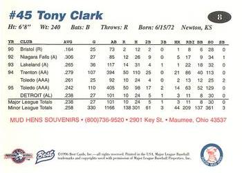 1996 Best Toledo Mud Hens #8 Tony Clark Back