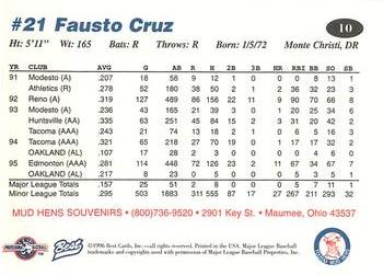 1996 Best Toledo Mud Hens #10 Fausto Cruz Back