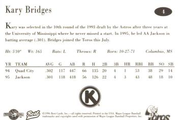 1996 Best Tucson Toros #4 Kary Bridges Back