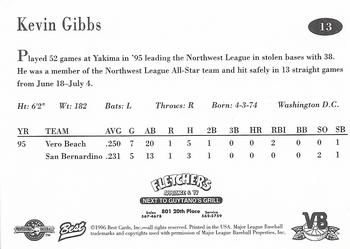 1996 Best Vero Beach Dodgers #13 Kevin Gibbs Back