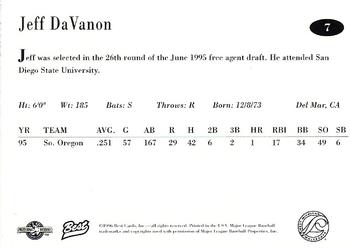 1996 Best West Michigan Whitecaps #7 Jeff DaVanon Back