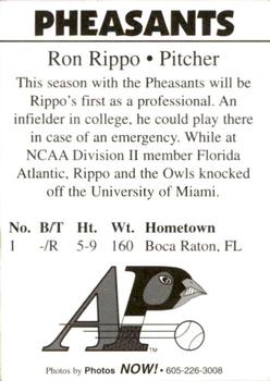 1996 Aberdeen Pheasants #1 Ron Rippo Back