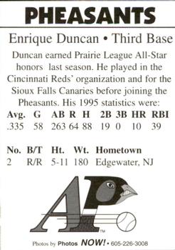 1996 Aberdeen Pheasants #2 Enrique Duncan Back