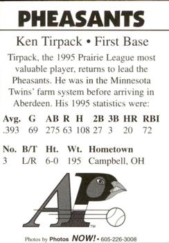 1996 Aberdeen Pheasants #3 Ken Tirpack Back