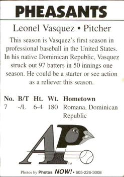 1996 Aberdeen Pheasants #7 Leoner Vasquez Back