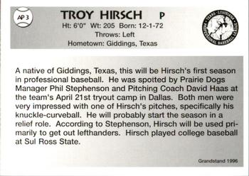 1996 Grandstand Abilene Prairie Dogs #AP3 Troy Hirsch Back