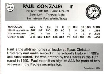 1996 Grandstand Abilene Prairie Dogs #AP18 Paul Gonzalez Back