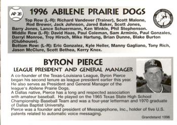 1996 Grandstand Abilene Prairie Dogs #AP28 Team Photo Back