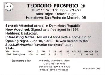 1996 Grandstand Bellingham Giants #BG 8 Teodoro Prospero Back