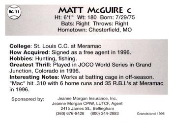 1996 Grandstand Bellingham Giants #BG 11 Matt McGuire Back
