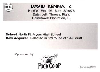 1996 Grandstand Bellingham Giants #BG 13 David Kenna Back