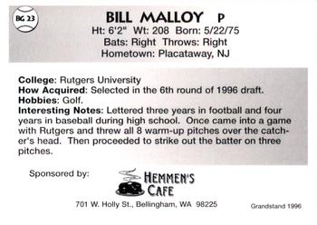 1996 Grandstand Bellingham Giants #BG 23 Bill Malloy Back