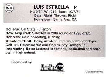 1996 Grandstand Bellingham Giants #BG 28 Luis Estrella Back