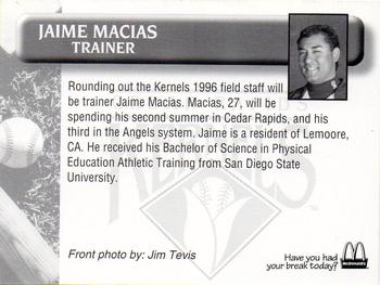 1996 Cedar Rapids Kernels #NNO Jamie Macias Back