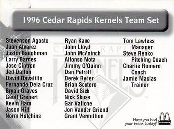 1996 Cedar Rapids Kernels #NNO Header / Checklist Back