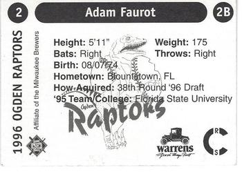 1996 Ogden Raptors #2 Adam Faurot Back