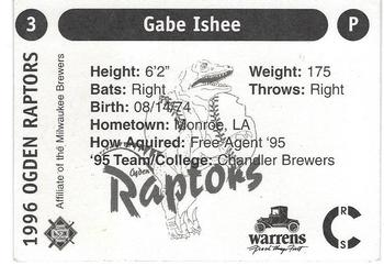 1996 Ogden Raptors #3 Gabe Ishee Back