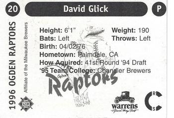 1996 Ogden Raptors #20 David Glick Back