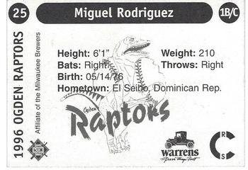 1996 Ogden Raptors #25 Miguel Rodriguez Back