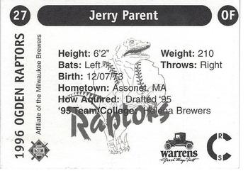1996 Ogden Raptors #27 Jerry Parent Back
