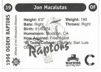 1996 Ogden Raptors #39 Jon Macalutas Back