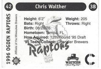 1996 Ogden Raptors #42 Chris Walther Back
