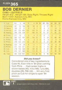 1986 Fleer #365 Bob Dernier Back