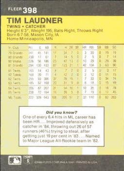 1986 Fleer #398 Tim Laudner Back