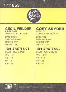 1986 Fleer #653 Cecil Fielder / Cory Snyder Back