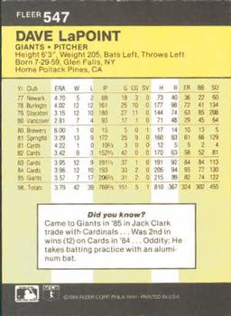 1986 Fleer #547 Dave LaPoint Back