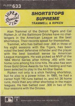 1986 Fleer #633 Alan Trammell / Cal Ripken, Jr. Back