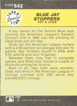 1986 Fleer #642 Blue Jay Stoppers (Jimmy Key / Dave Stieb) Back