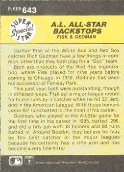 1986 Fleer #643 A.L. All-Star Backstops (Carlton Fisk / Rich Gedman) Back