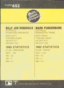 1986 Fleer #652 Billy Jo Robidoux / Mark Funderburk Back