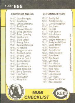 1986 Fleer #655 Checklist: Yankees / Dodgers / Angels / Reds Back