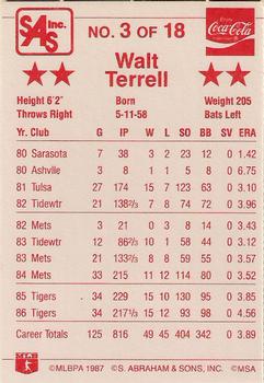 1987 Coca-Cola Detroit Tigers #3 Walt Terrell Back