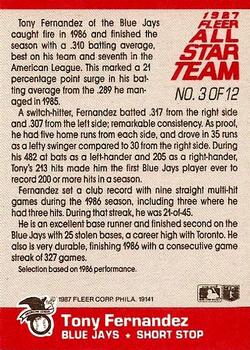 1987 Fleer - Fleer All-Star Team #3 Tony Fernandez Back