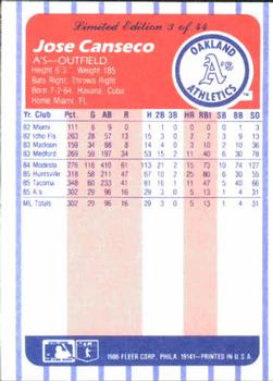 1986 Fleer League Leaders #3 Jose Canseco Back