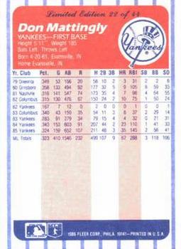 1986 Fleer League Leaders #22 Don Mattingly Back